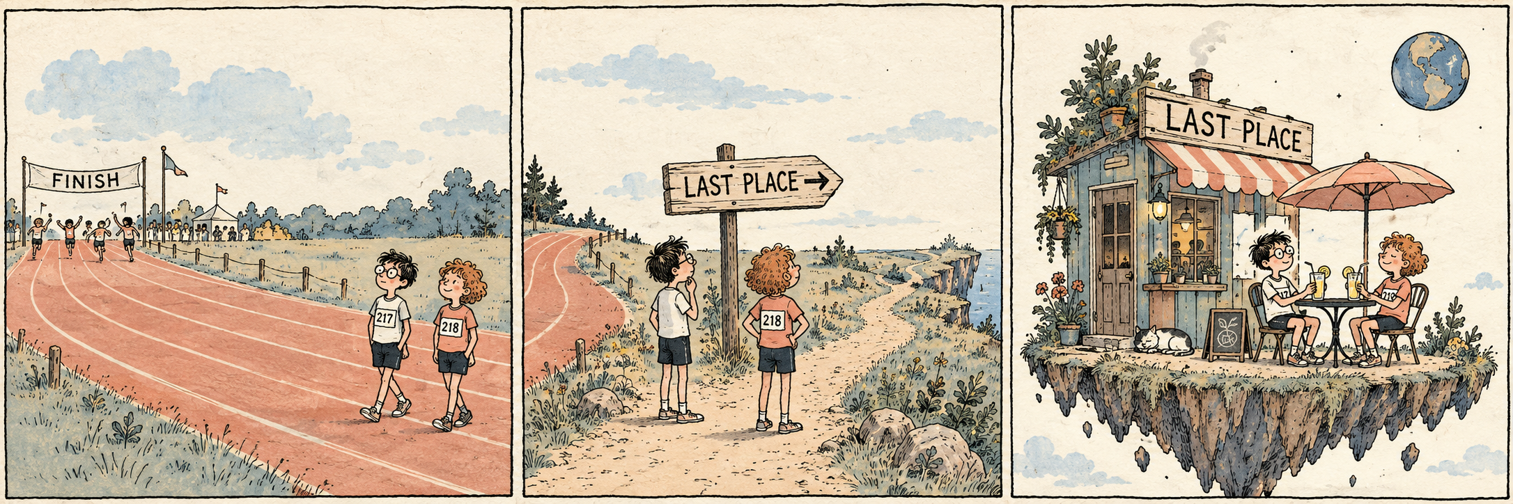 Two children finish a race last, follow a sign to a literal place called Last Place, and discover a cafe on a tiny floating island where they relax with lemonade.